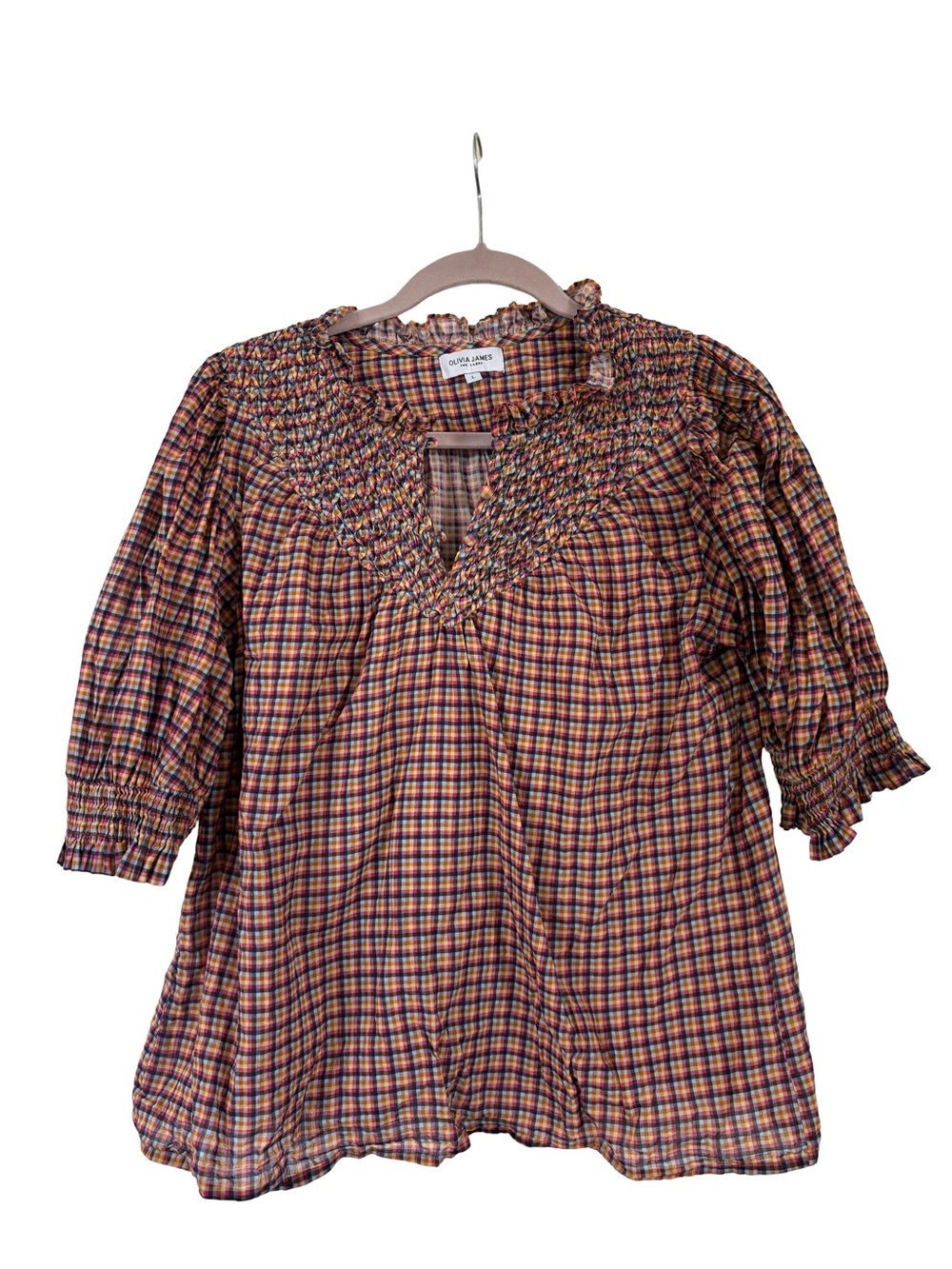 Olivia James the Label Plaid Cotton High Neck Puff Sleeve Blouse Top Size Large